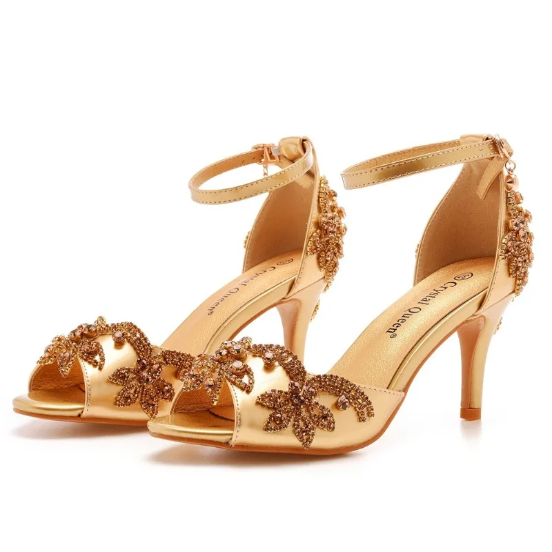 Women Sandals Female Rhinestone Quality PU 7CM Thin Heels Buckle Strap Korean Style Women's Shoes Dress Sky Blue Mature