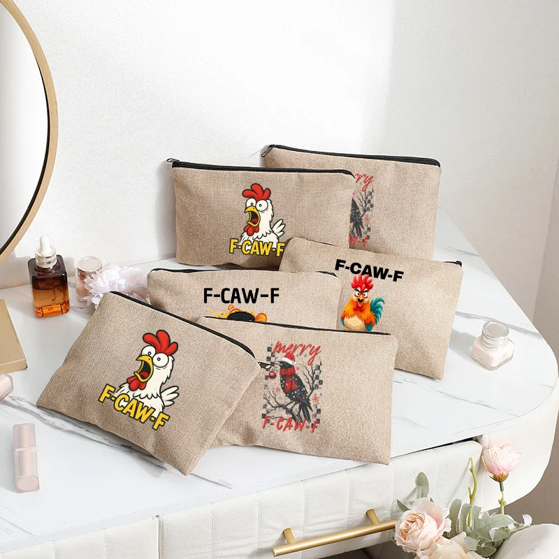 

2026 New F-CAW-F Chicken Cartoon Style Linen Makeup Bag and Linen Cosmetics Bag Party Gift New Year Gifts for Girlfriend