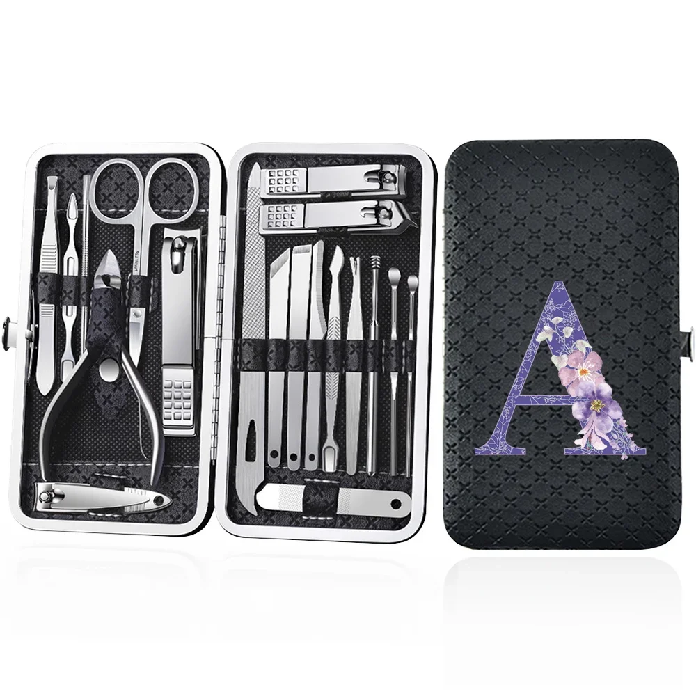 19 Pcs Nail Clippers Set Storage Box Versatile Nail Clippers Set Pedicure Kit Home Essentials Purple Flower Letter Pattern