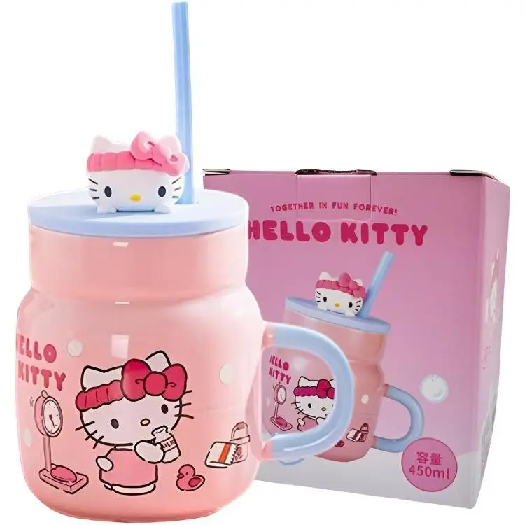 Kawaii Sanrio Ceramic Mug with Straw and Lid Cute Round Figurine Breakfast Milk Juice Cup 450ml Daily Drinkware Cartoon Lovely