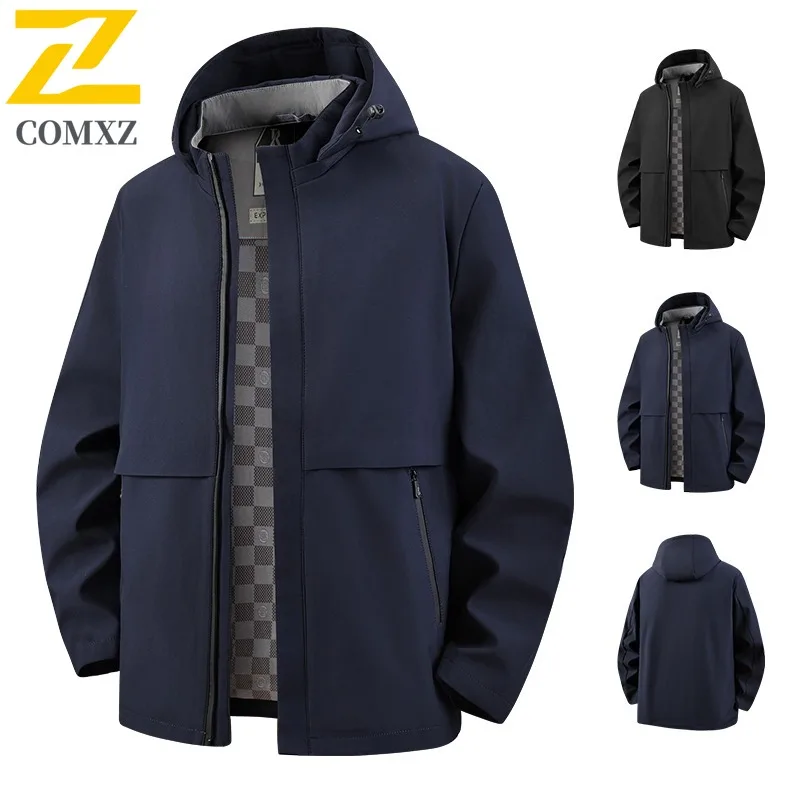

COMXZ Hooded Collar Fashion Luxury Jacket for Men Outdoor Task Cozy Motorcycle Coat Pure Color Urban Style Light Autumn New Coat
