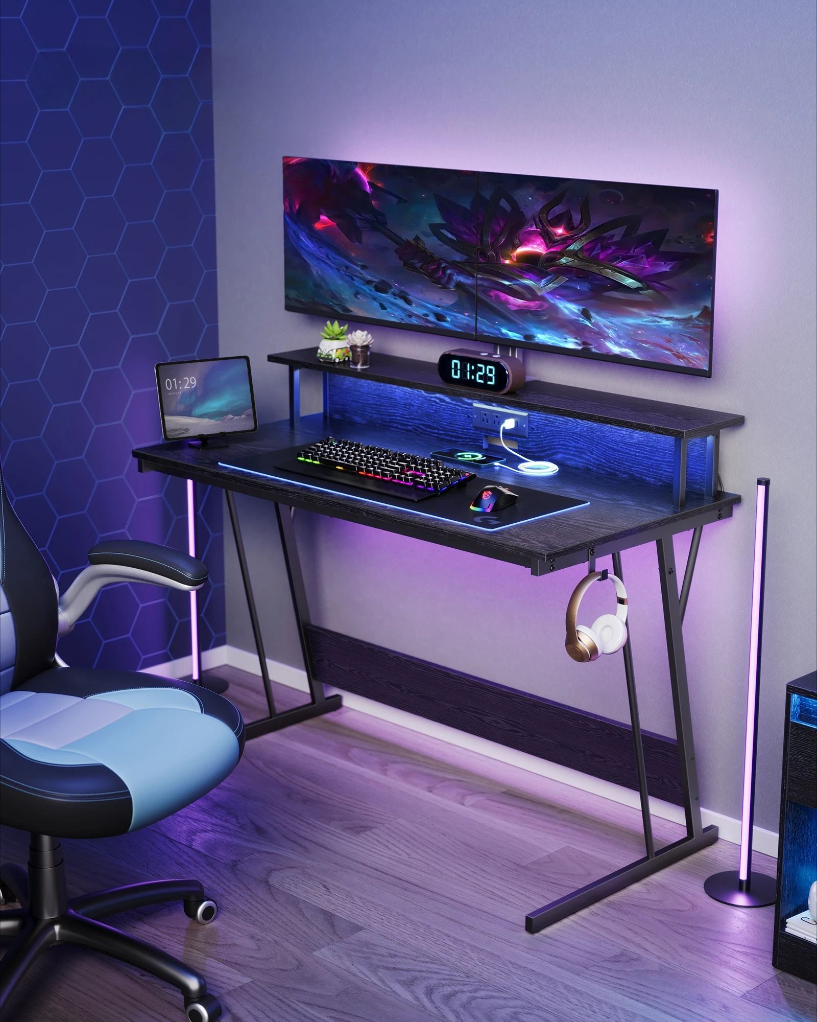 Desk with Monitor Shelf Gaming Desk with LED Lights and Built-in Power Outlets Computer Desk for 2 Monitors