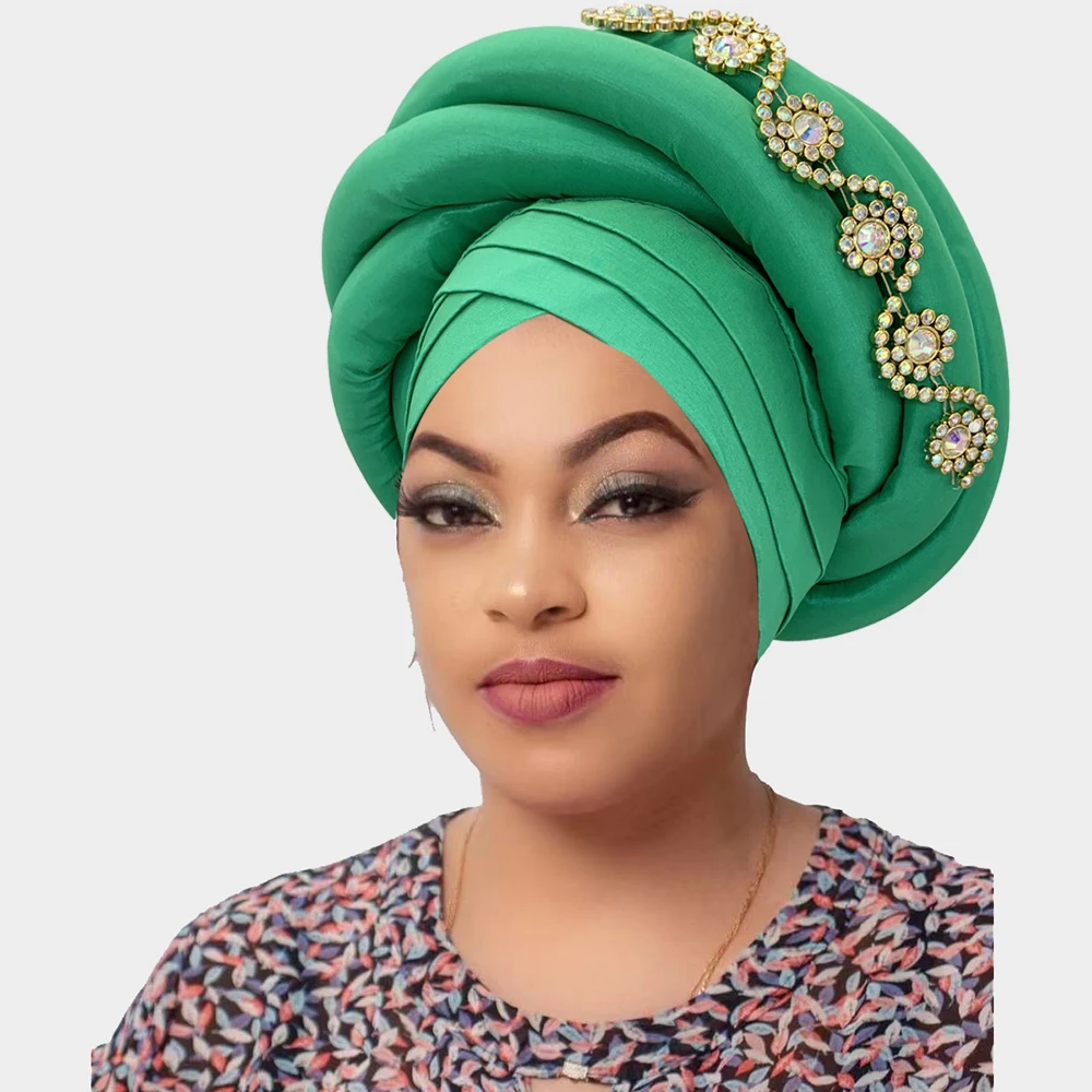 Diamonds Nigeria Raw Silk Autogele Headtie Muslim Hat Party Headwear Twisted Braid Turban Cap for Women African Lady Head Wraps