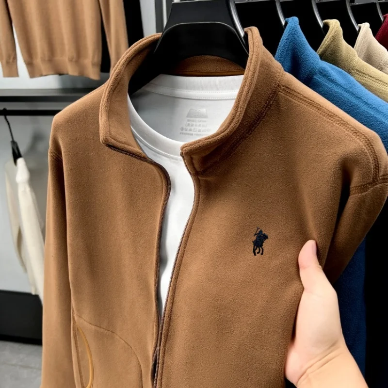 Fashion Men's Jacket Autumn Winter High-Quality Velvet Thicken Warm High-End Brand Paul Pony Embroidered Zipper Mock Neck Jacket