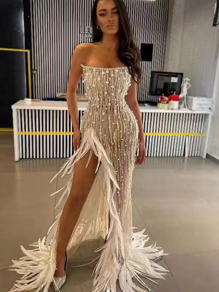 Gorgeous Feathers Beading Sequins High Slit Strapless Floor Length Dress Woman Birthday Party Vestido Stage Performance Costume