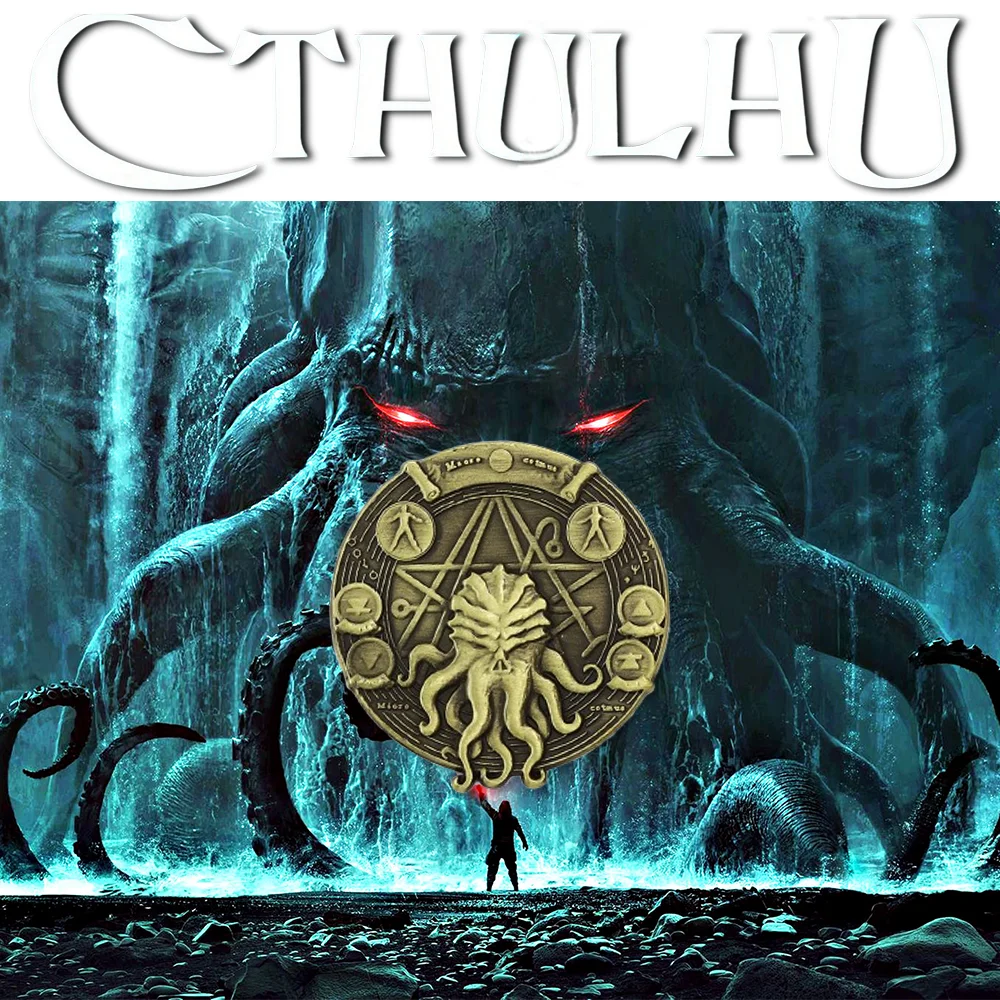 LLavero de moneda de pentagrama Cthulhu HP-Lovecraft Necronomicon Sigil Coin Kraken Coin Vintage accesorios de Metal regalos