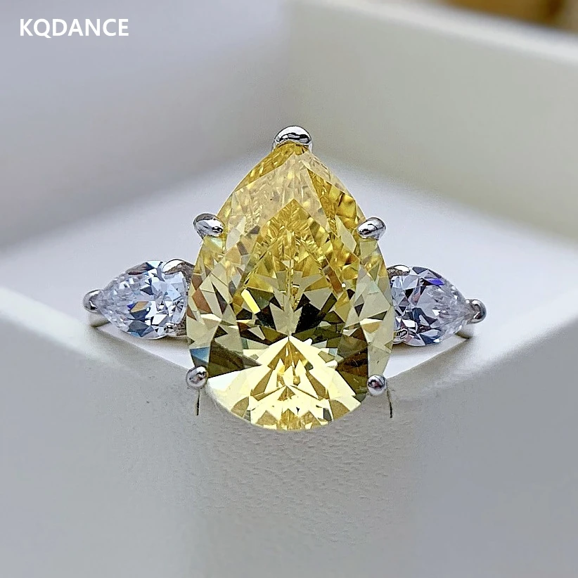 KQDANCE 925 Sterling Silver With 10*14mm Pear Cut Large Pink White Yellow Stone High Carbon Diamond Ring Wedding Jewelry Women