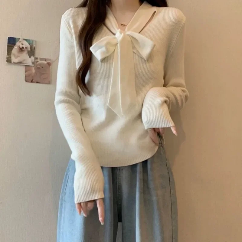 Вязаный свитер с бантом и v-образным вырезом, женский пуловер, осень 2023, новая внутренняя одежда, универсальный темпераментный топ с длинными рукавами