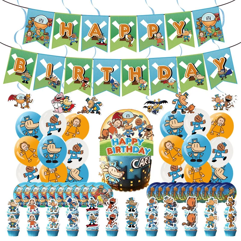 Dog Man Happy Birthday Party Decoration Game Anime Balloon Banner Cupcake Topper Flag Plates Backdrop Supplies Children Gifts