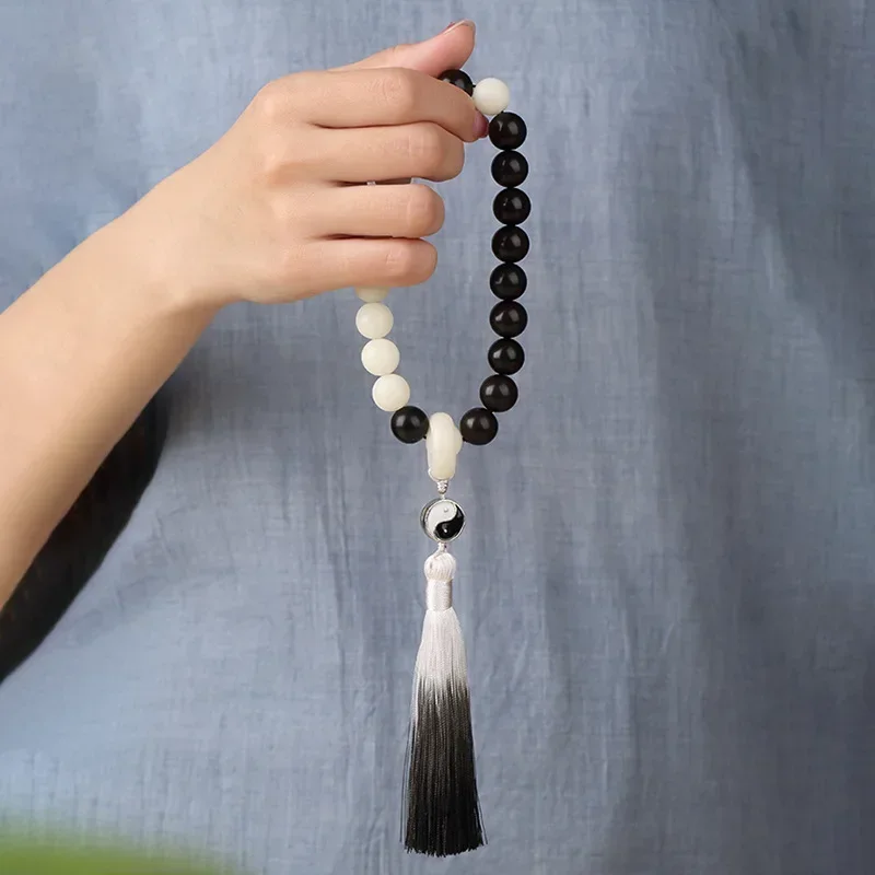 Bodhi Roots Holding Bracelets Black White Mixed Color Tassels Cultural and Buddhist Beads Ethnic and Trendy Su Ornaments