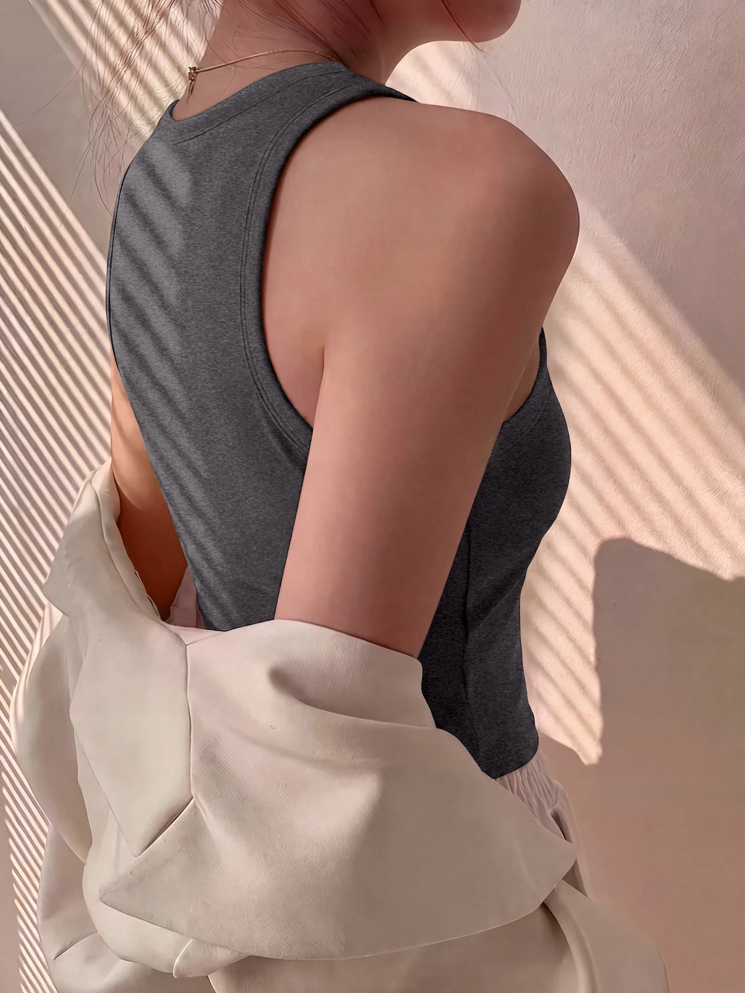 Women Round Neck Racerback Sleeveless Crop Top Solid Color Bodycon Tank Vest Summer Daily Slim Waist Shirts