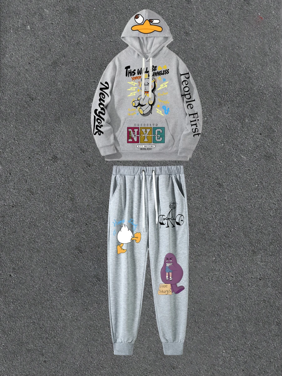 

Gray Double-sided Printed Hoodie Paired With Printed Casual Pants Loose Hoodie Street Style Outfit With Casual Pants