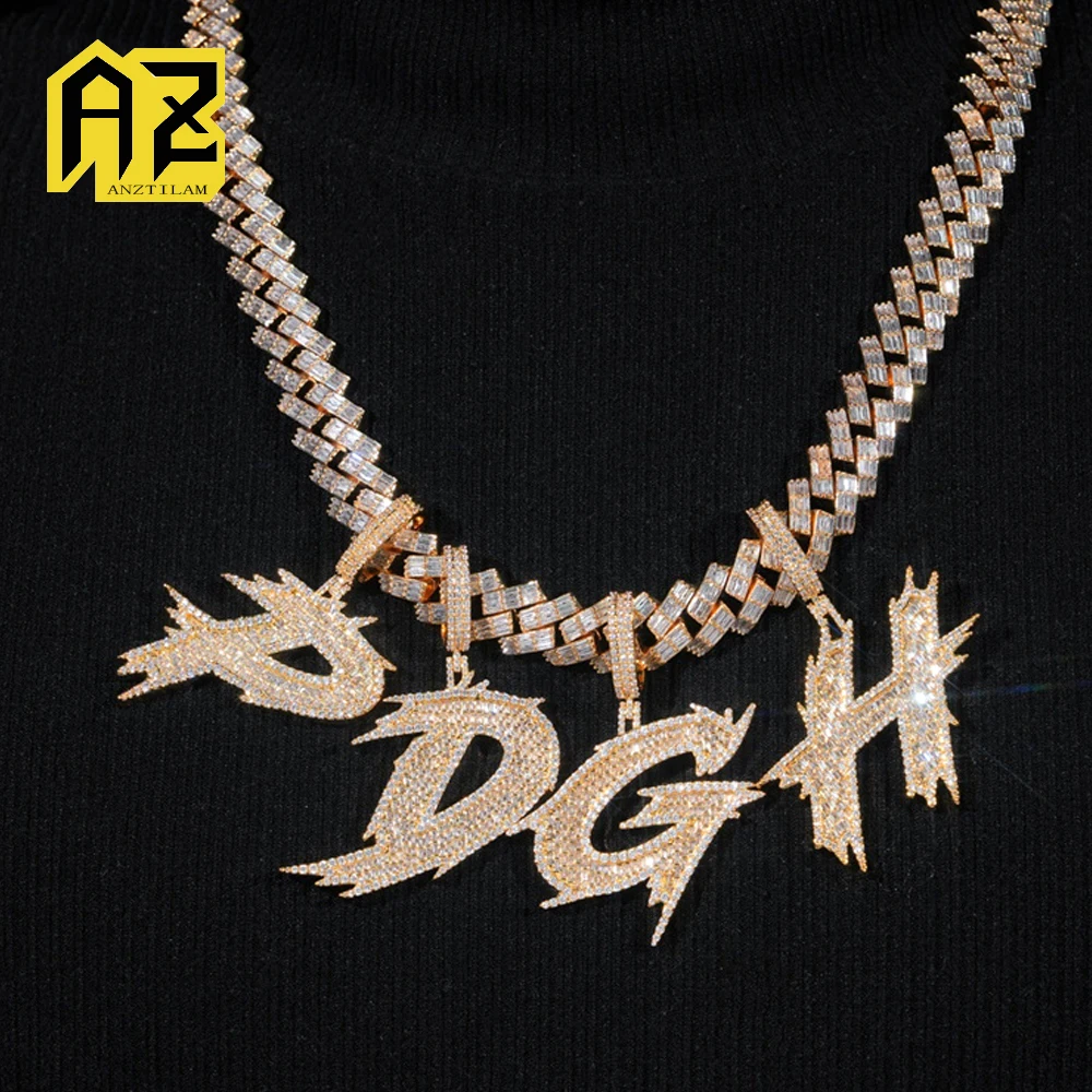 

AZ SOLID Letters Pendant Brass with Bling Baguettes Zircon Name Letters Necklaces for Women Men Punk Hip Hop Jewelry Free Ship