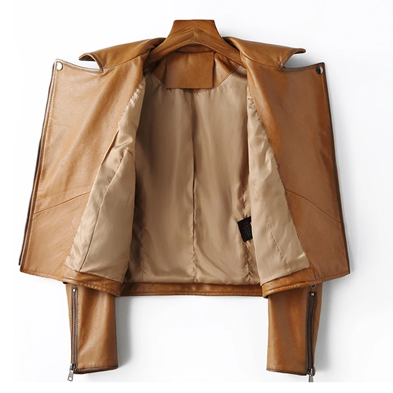 Veste de Moto et de motard pour femme, manteaux en cuir véritable, court, Slim, fermeture éclair à revers, en peau de mouton, mode printemps 2026