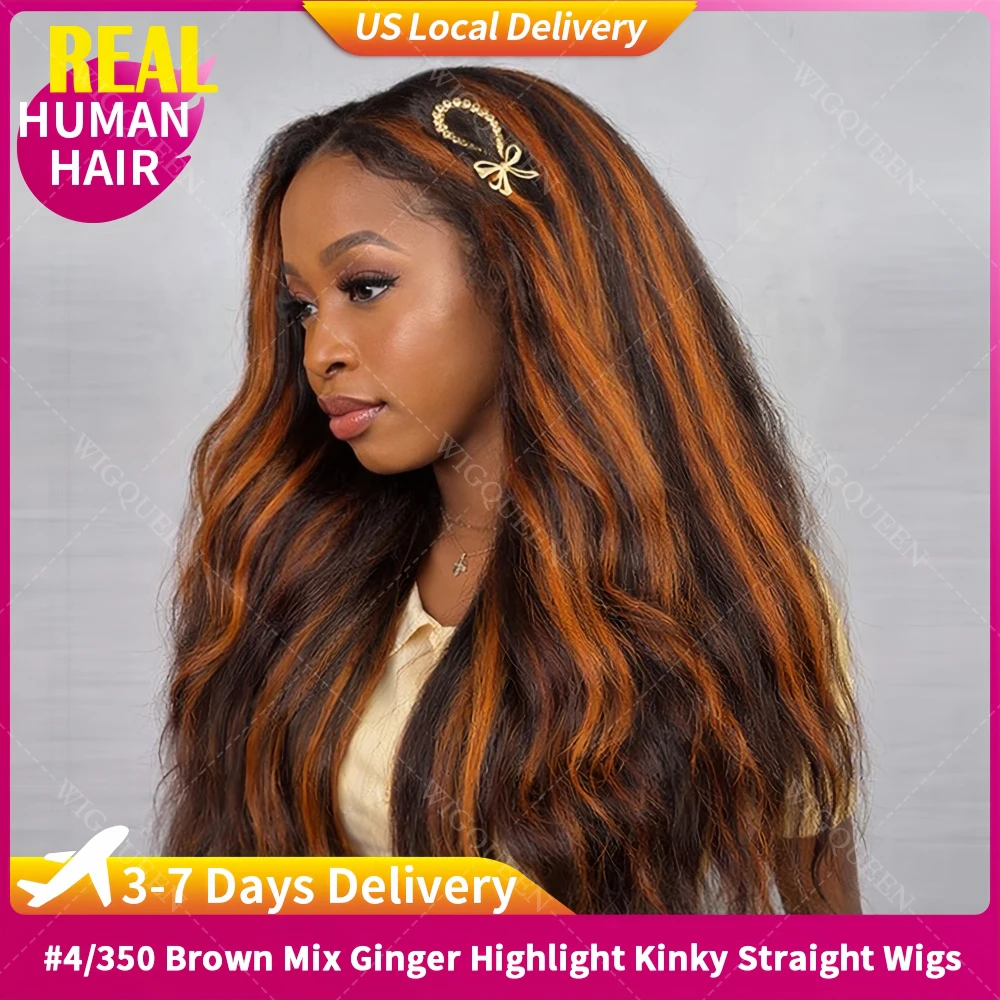 

Kinky Straight 4/350 Highlight Pre Plucked Pre Bleached 200％ Density 13x4 Lace Wigs Ombre Brown Ginger 5x5 Human Hair Lace Wigs
