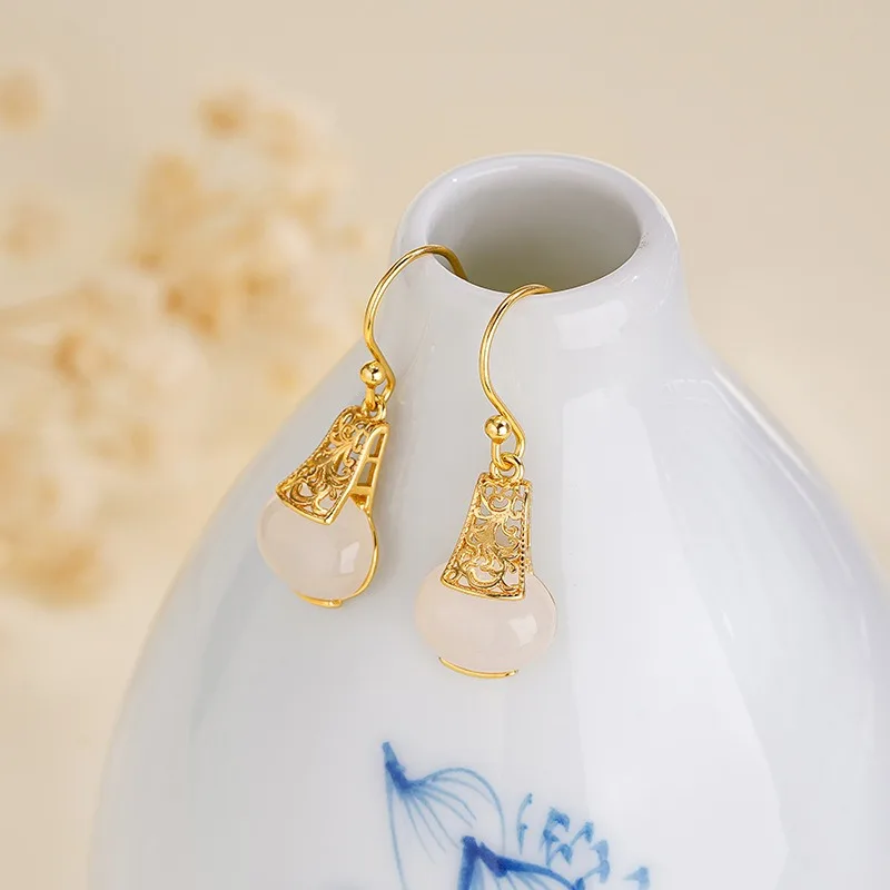 

TIMESWIND Elegant Natural Hetian Jade White Oval S925 Silver Grass Pattern Hollow Women Earrings