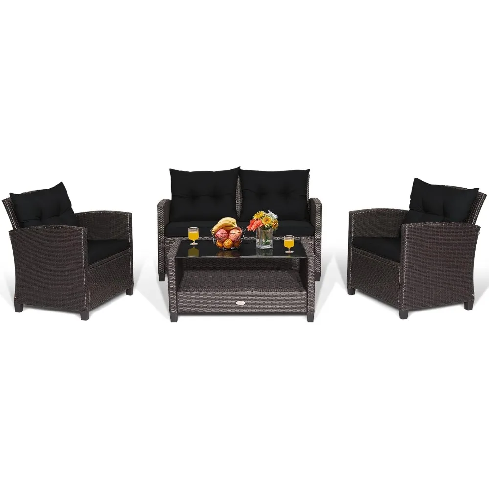 4-Piece Patio Furniture Set, Rattan Wicker Chair Set with 1 Loveseat, 2 Single Sofas, 1 Coffee Table with Tempered Glass Top