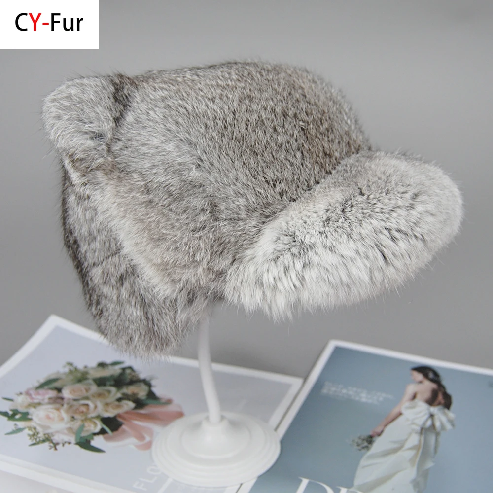 

2024 New Fashion Russian Women Real Natural Rabbit Fur Bomber Hats Winter Lady Warm Fluffy Rabbit Fur Hat Good Quality Fur Caps