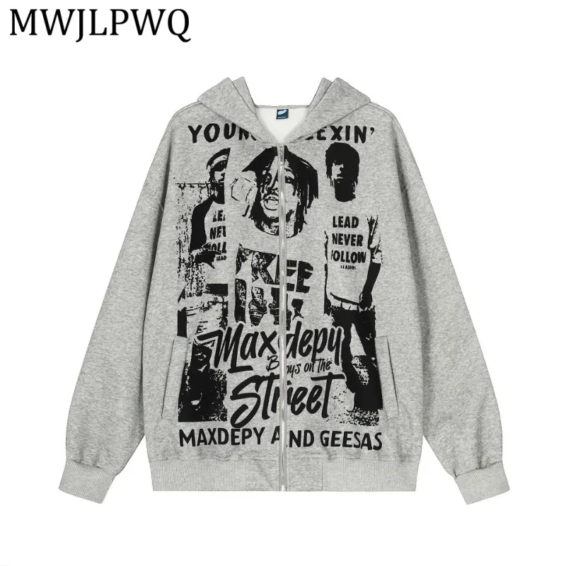 

MWJLPWQ Vintage Washed Figure Print Zip Hoodie Men Distress Letter Graphic Loose Casual Y2K Streetwear Oversized Outerwear 15923