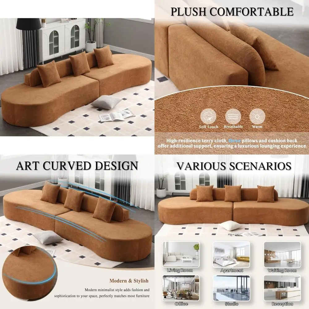 أريكة حديثة مقطعية بأربعة مقاعد مع 3 وسائد، أريكة وحدات مريحة على طراز السحابة، تصميم بسيط من قماش تيريكل منحني للاسترخاء #1