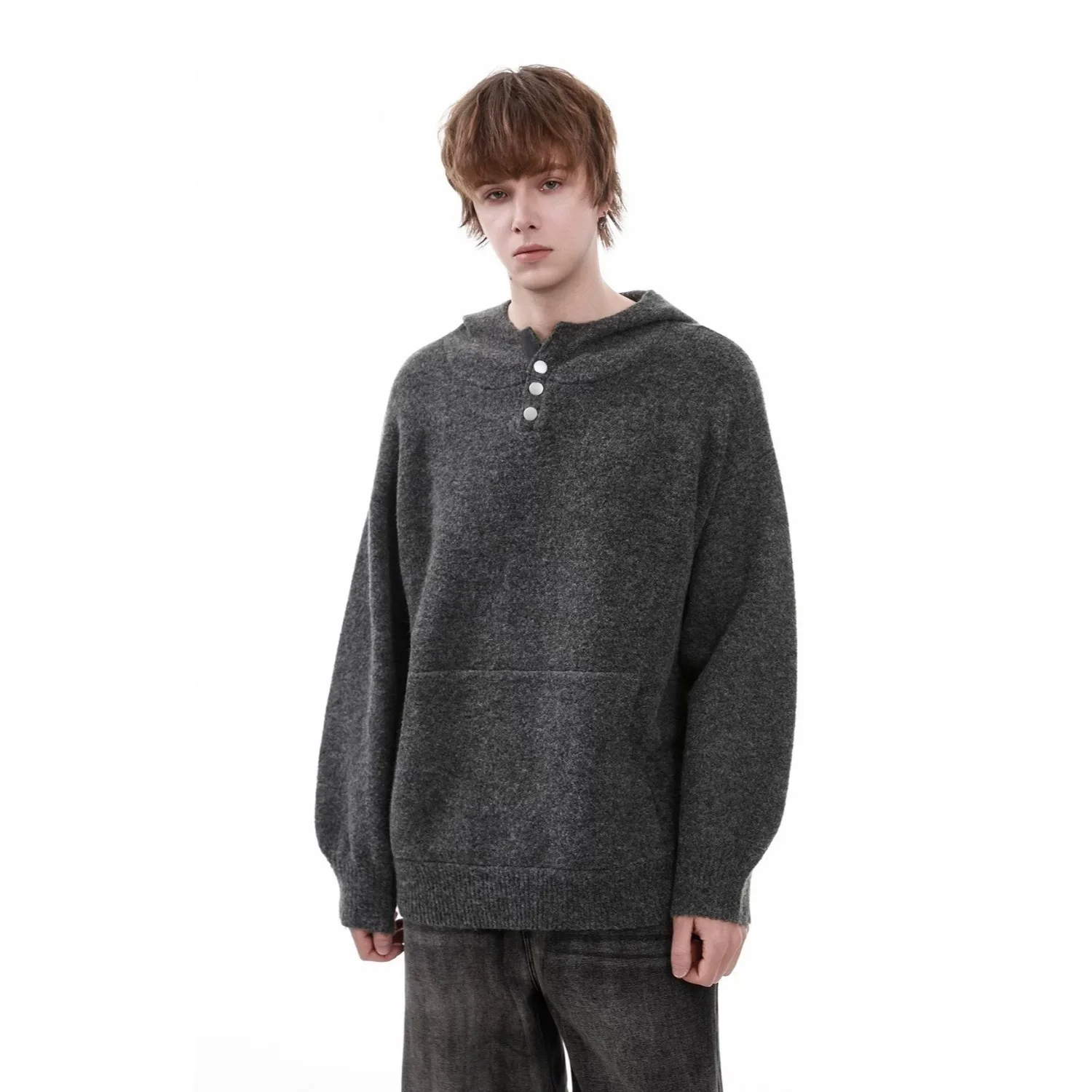 

Korean Style Knitted Sweater Men's Simple Button Decoration Hoody Design Couple's Wear Casual Long Sleeve Knitted Hoodie Sweater