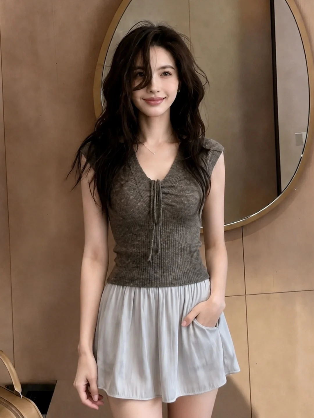 

Elegant V-Neck Belted Ice Silk Knitwear Slimming Women's Top Fashionable Design Summer Style Korean Version Sleeveless