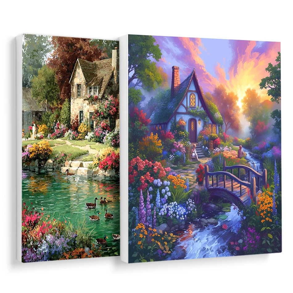 Краски по номерам для рисования, пейзаж с домом в лесу