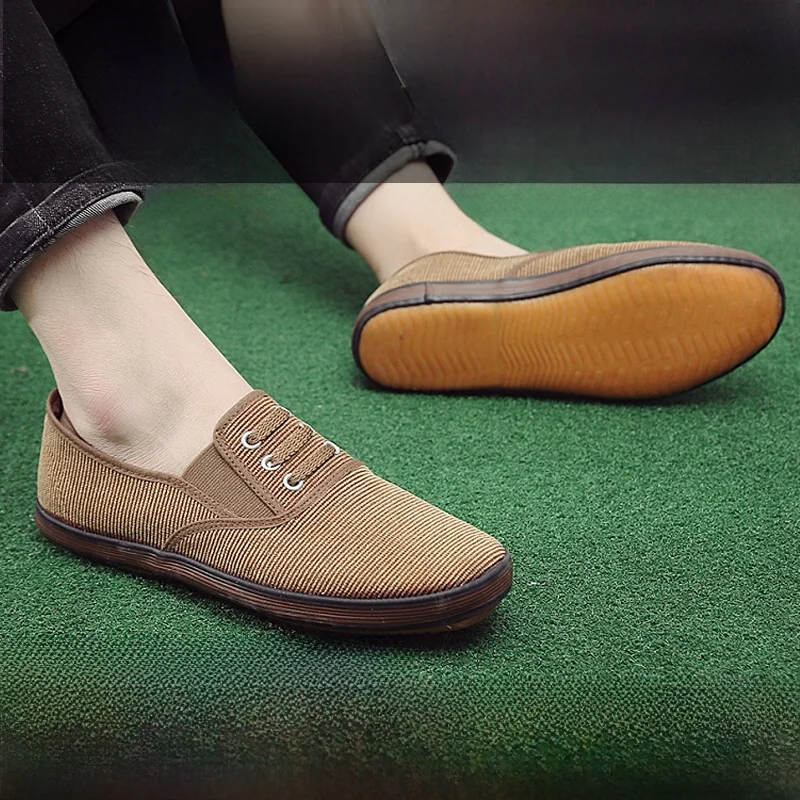 

Мужские повседневные туфли из канваса, дышащие, рабочие, без шнурков, с круглым носком, на плоской подошве, износостойкие, с резиновой подошвой, для повседневной носки