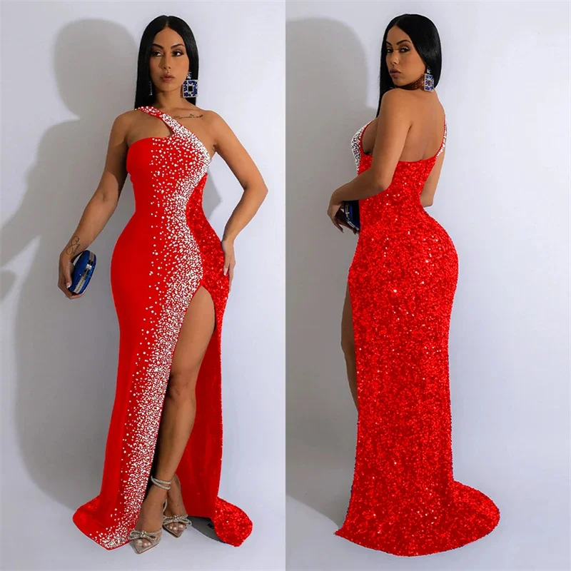 Luxury Sparkly High Split Mermaid Long Dresses for Women Evening Wedding Celebrity Sequined Diamonds Nightclub Party Maxi Dress