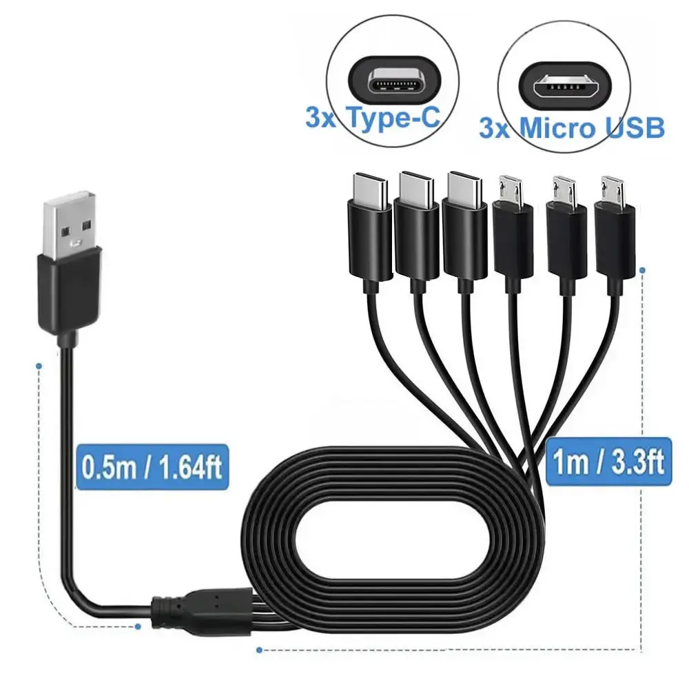 PD 1 to 6 Type C/Micro USB Splitter Cable 3 in 1 USB Multi Cable Fast Charing Cord For Phone MP3 Player and USB-C Smart Devices