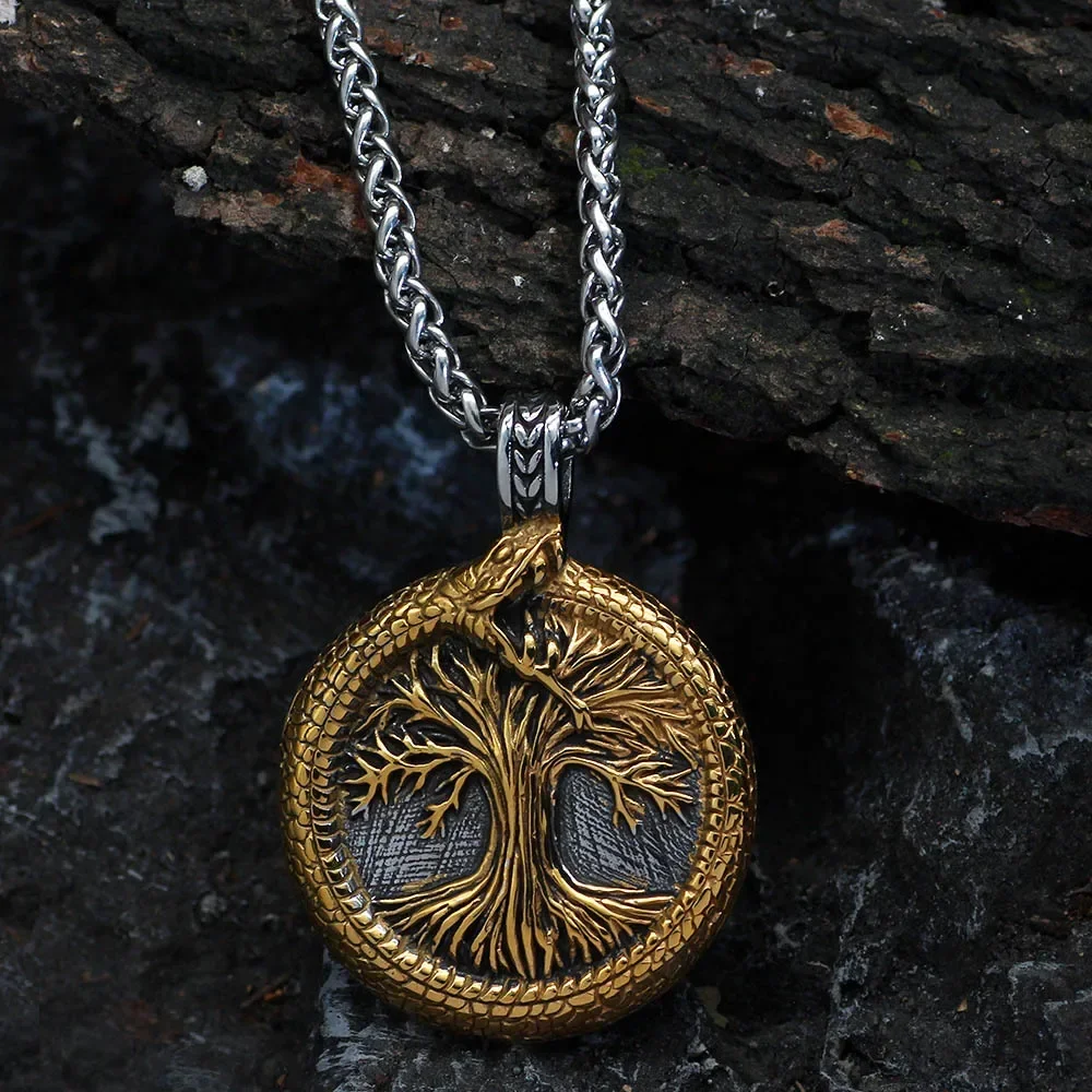 Nordic Viking Tree of Life Pendant Necklace Stainless Steel Vintage Viking Yggdrasil Ourobles Necklace Men Scandinavian Jewelry