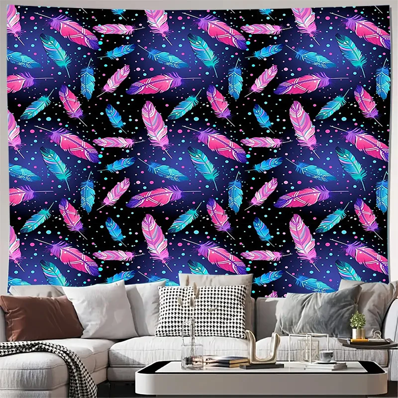 Tapiz bohemio, decoración de pared de plumas, telón de fondo estético para habitación, colgante de pared de galaxia, textil moderno para el hogar, vibraciones místicas, Purp azul oscuro
