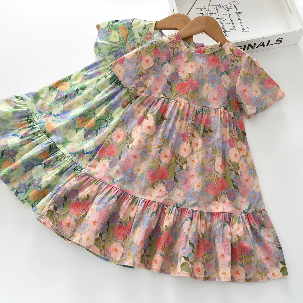 2026 summer new cotton dress for girl flower print crew neck short-sleeved vest dresses