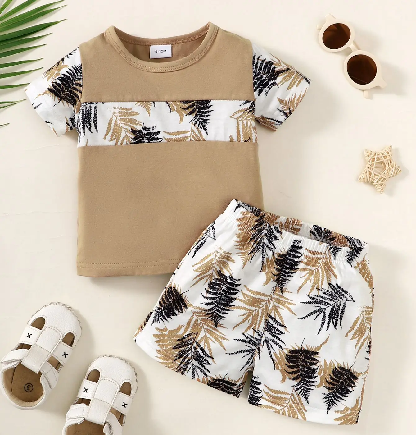 2Pcs Summer Baby Boy Set Color Blocked Maple Leaf Printed Top and Pants Set Suitable for 0-3 Year Toddler Boy Casual Style Set