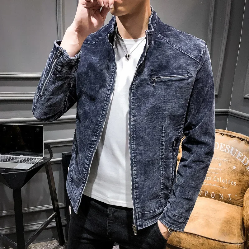 2024 New Autumn Men\'s Retro Stand Collar Stitching Denim Jacket Youth Casual Denim Jacket