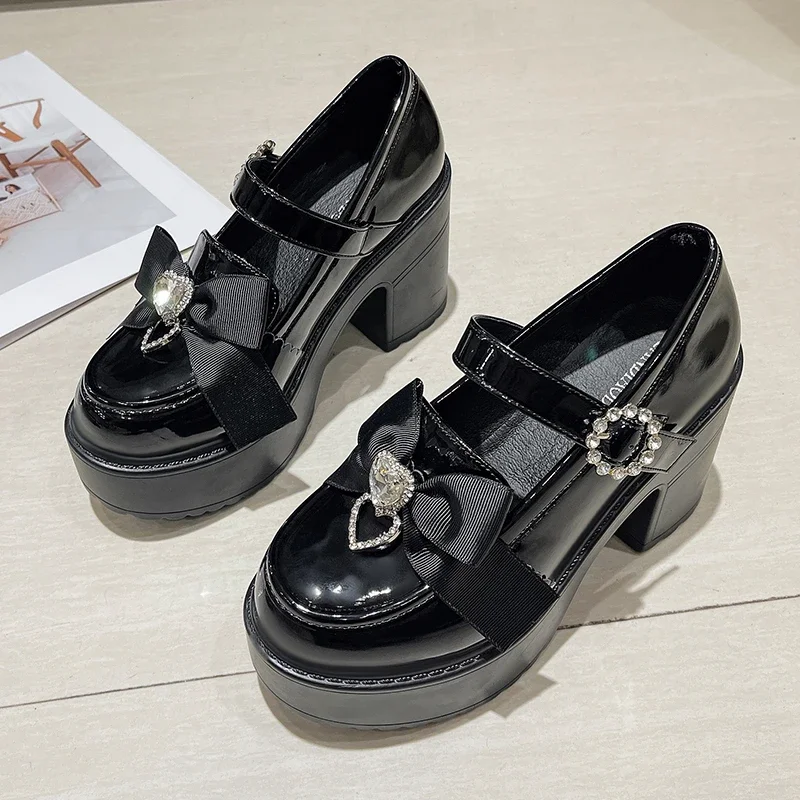 

Women's Patent Leather One Strap Platform Single Shoes Round Toe Shallow Bow Rhinestone Pumps