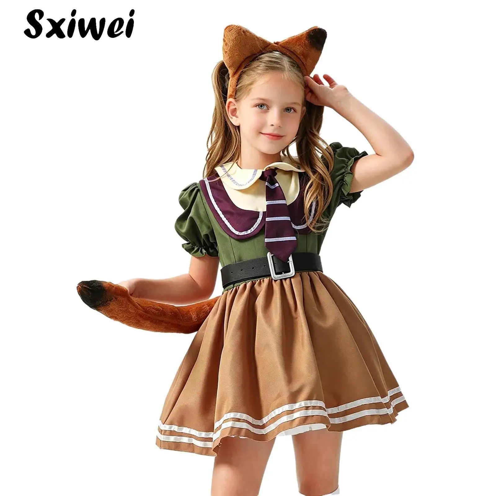 Kids Girls Fox Costume Child Lapel Puff Sleeves Ruffled Animal Dress with Faux Tail Necktie Hair Hoop Belt Halloween Masquerade