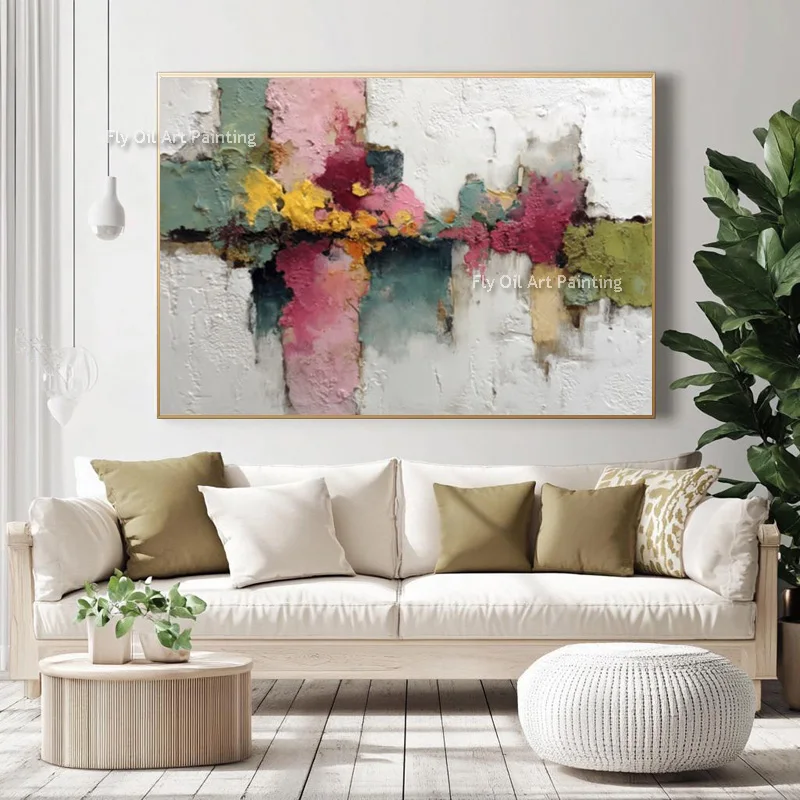 Hand Made Simple Pink Green White Canvas Thick Artwork New Original Design Yellow Blue White Landscape Oil Painting For Wall Dec