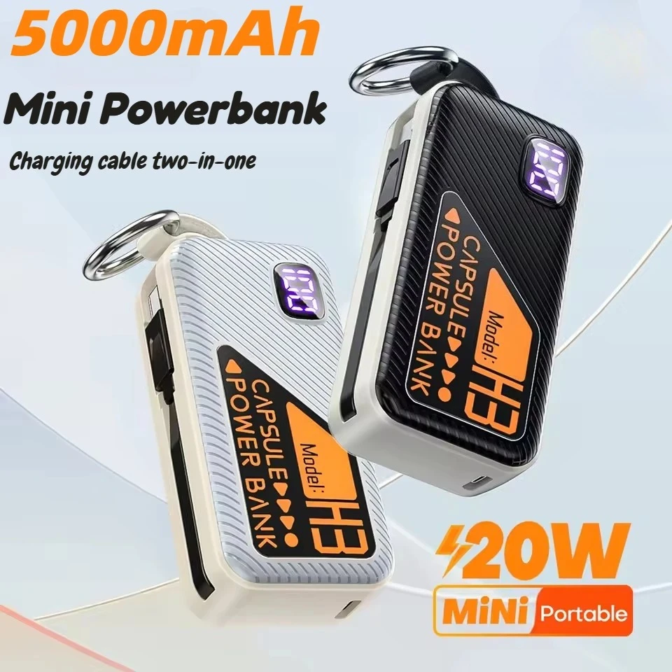 Mini Powerbank 5000mah Built-in Cable PD 20W Portable Charger Fast Charging for IPhone 15 Samsung Xiaomi External Battery