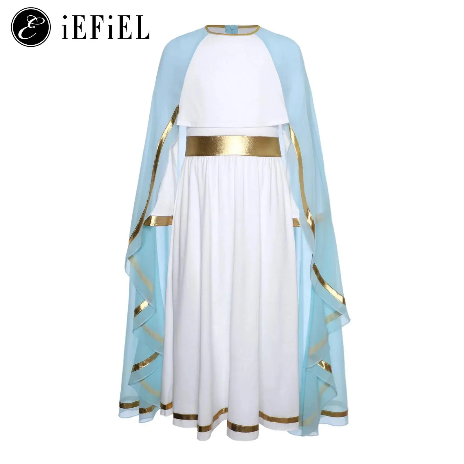 

Girls Greek Princess Cosplay Costume Ruffles Bell Sleeve Maxi Toga with Chiffon Full Cape Ancient Theme Party Fancy Dress-up
