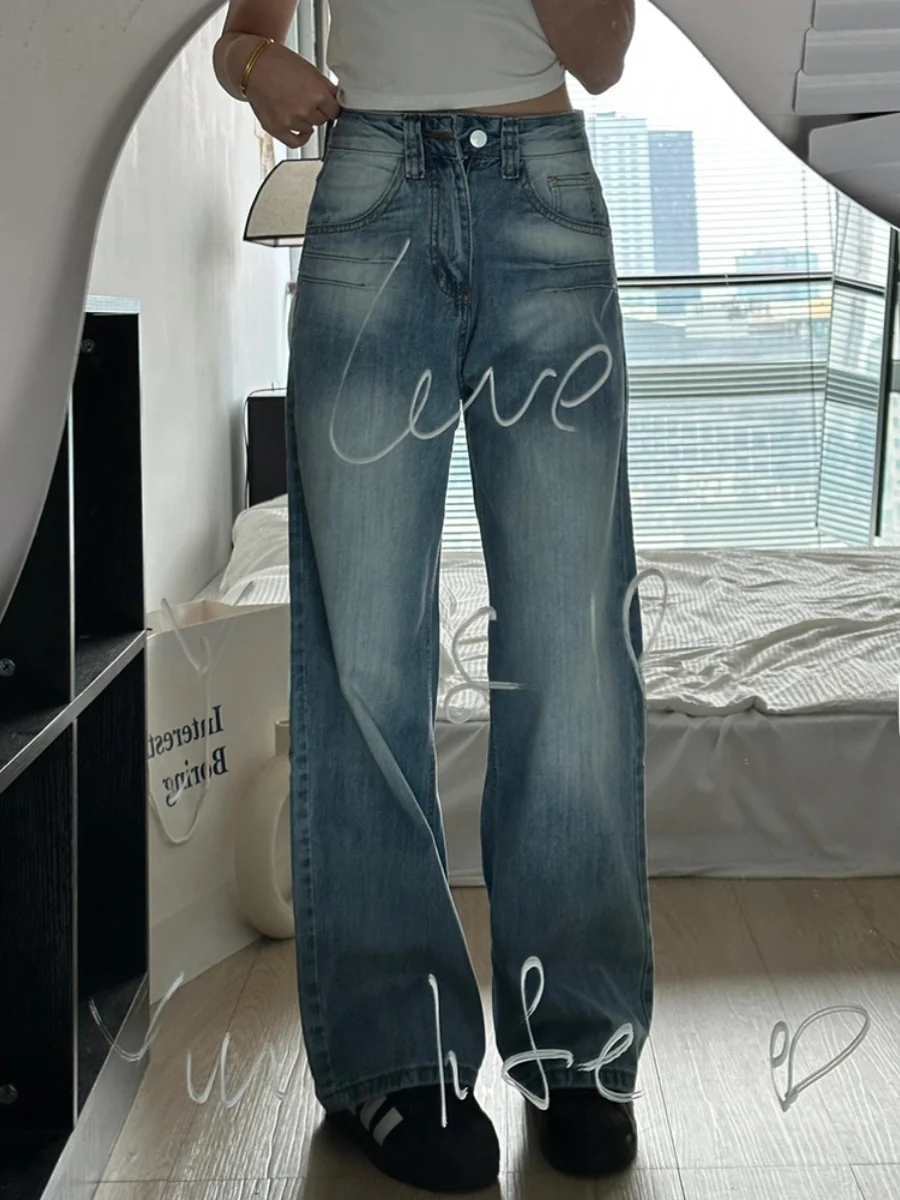 Amerikanische Retro-Jeans mit Stickerei, Hoher Taille, Geradem Bein, Schlankmachende Weite Hose für Damen, Sommer 2024 Neu A...