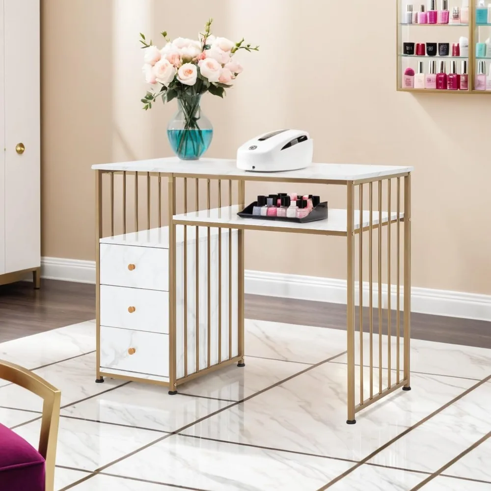 

Manicure Table for Nail Tech, Golden & Marbling Texture Nail Desk with Storage Drawers and Shelf, Home Salon Spa