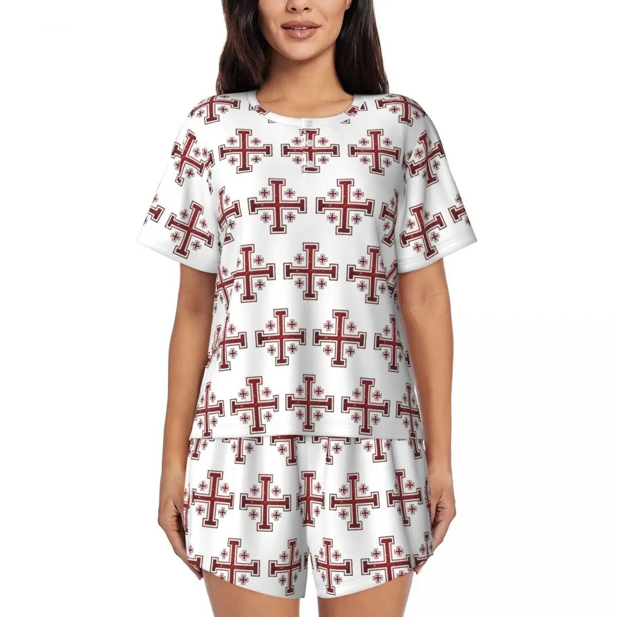 

Jerusalem Cross Medieval Knights Cross Crusader Round Neck Short Sleeve Nightgowns for Sleeping Women Pajama Set Short Pants