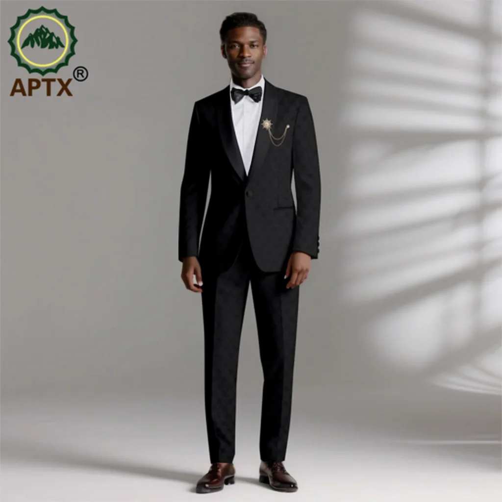 APTX Clothes for Men Wedding Two Piece Set Dashiki Embroidery Jacket and Trousers with Kerchief Formal Slim Fit Suit  2516076