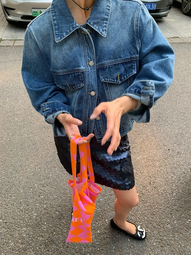 

Women's Embroidered Loose Denim Jaet Spring 2025 New Arrival Small Size Commuter Sle Cotton Polyester Blend ort Coat