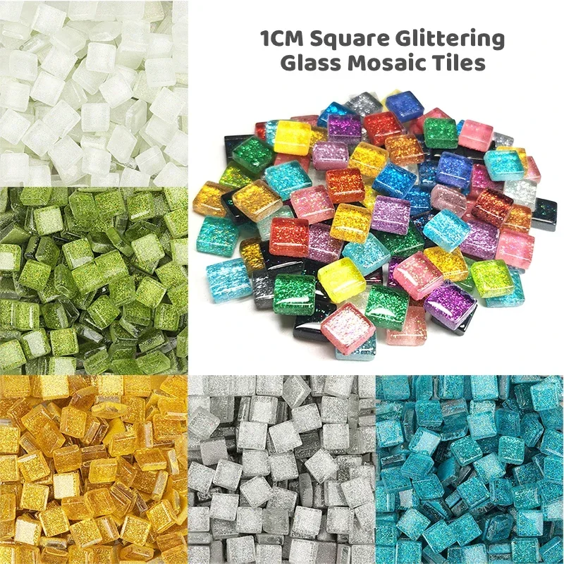 400g/14oz (sekitar 420 buah) Glitter Shiny kaca warna murni ubin mosaik 1cm persegi mosaik batu Multi warna bahan kerajinan DIY