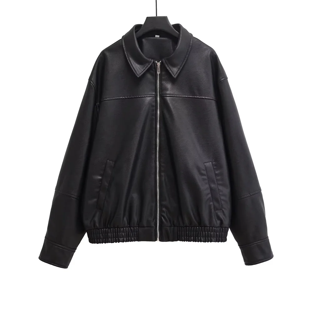 2024 Winter New Women's Clothing Style Commuting Simple Collar Long Sleeve Imitation Leather Pilot Jacket