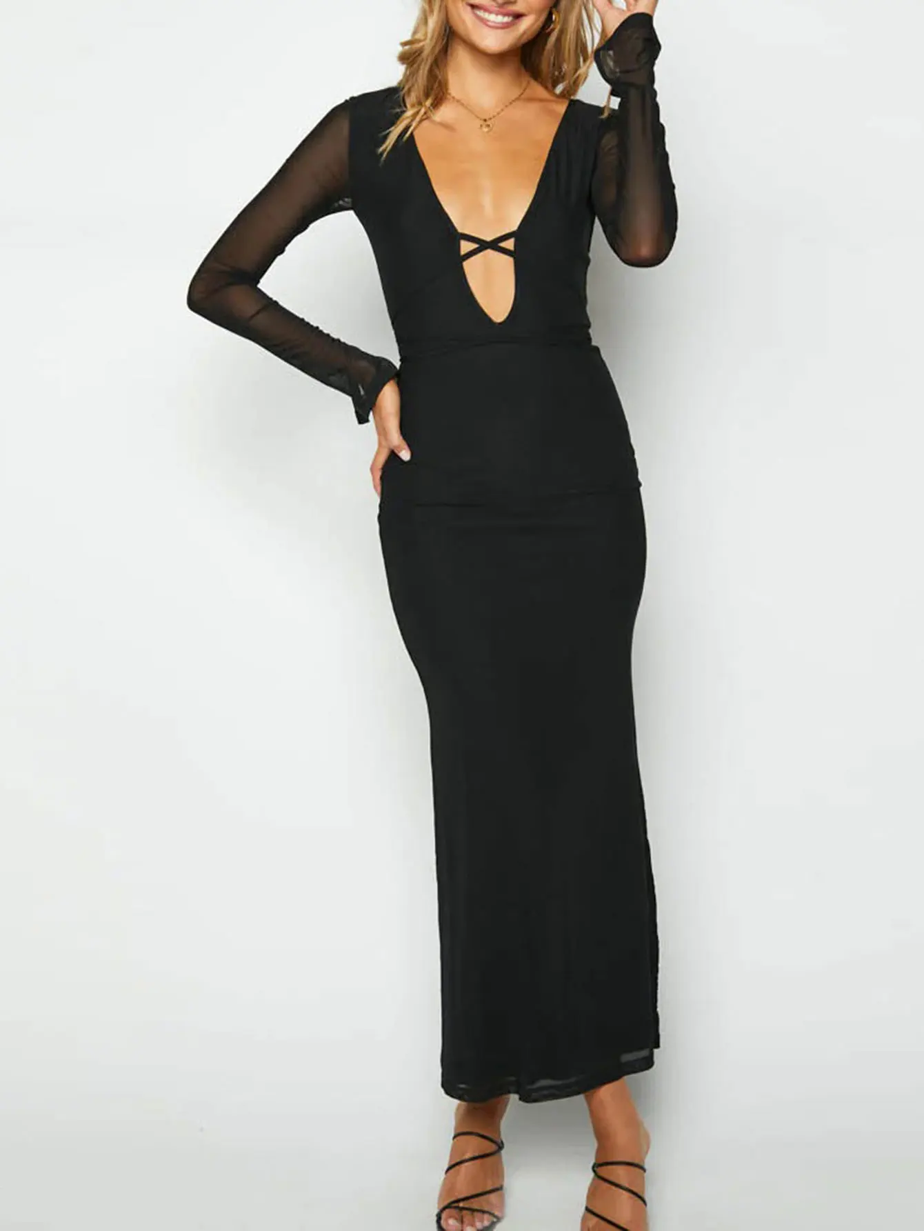 Robe d'été élégante pour femmes, basique, unie, col en v, manches longues, découpée, ajustée, à la mode, tenue décontractée