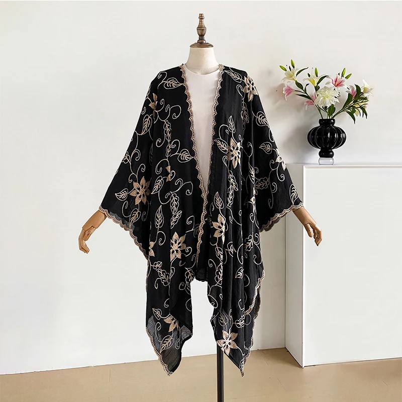 

Элегантное женское кимоно с вышивкой, открытое спереди, в стиле бохо, кафтан, накидка, пальто-дастер с поясом, нарядное платье-накидка, курортная одежда, халат