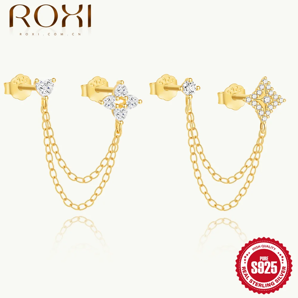 روكسي 925 فضة أربع نجوم مدببة/الحب الزركون الربط مزدوجة الأذن ثقب القرط للنساء الكلاسيكية غرامة مجوهرات